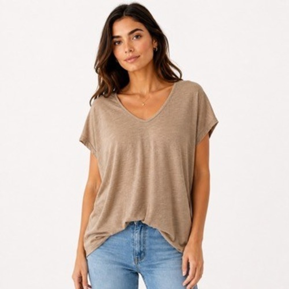 J. Jill Sand & Sea Tee Brown Slub Cotton V-Neck Dolman Top Womens Medium Petite